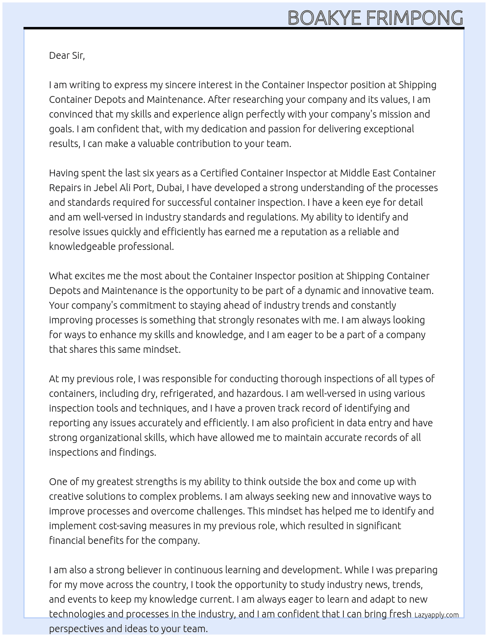 Container inspector  At Shipping Container Depots and Maintenance  Cover Letter