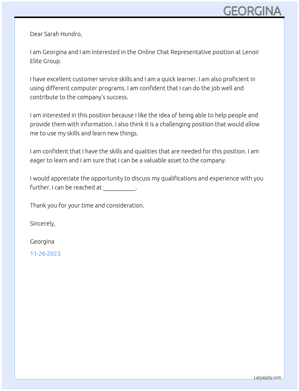 Online Chat Representative At lenoir elite group Cover Letter