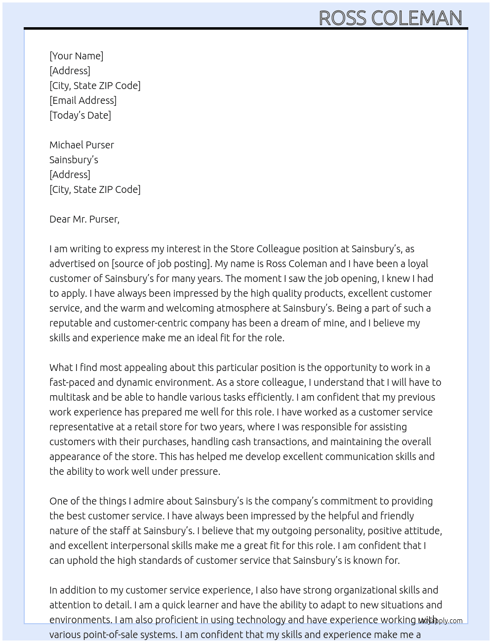 Store colleague  At Sainsburys  Cover Letter