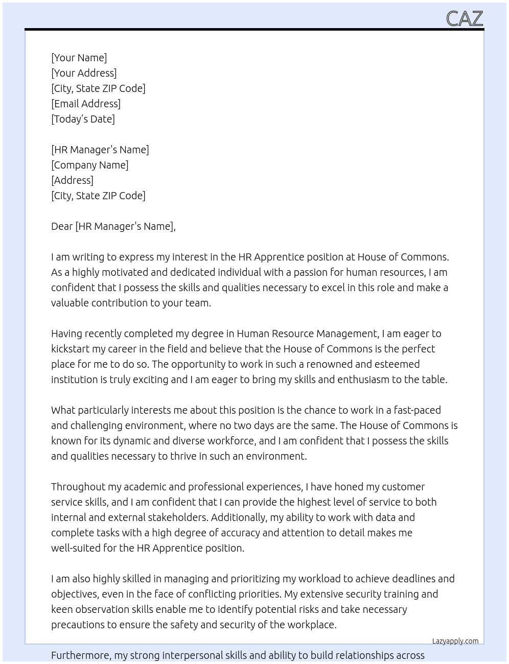 HR Apprentice At House of Commons Cover Letter