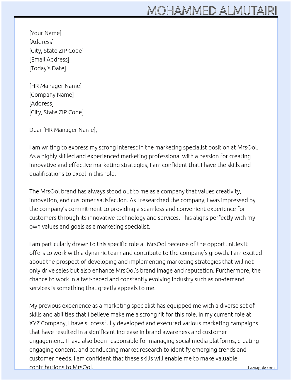 marketing specialist At MRSOOL Cover Letter