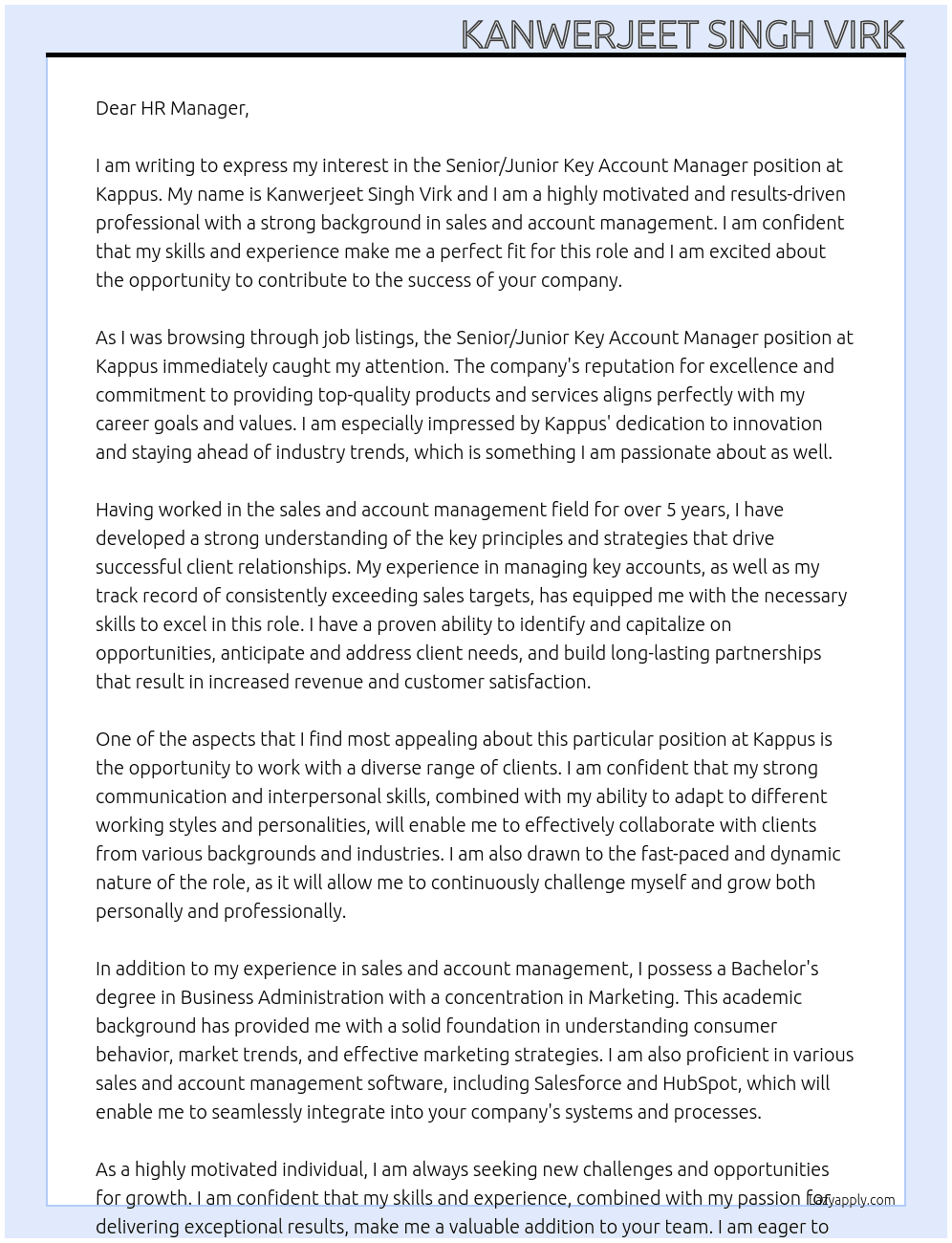 Senior/Junior Key Account Manager At Kappus Cover Letter