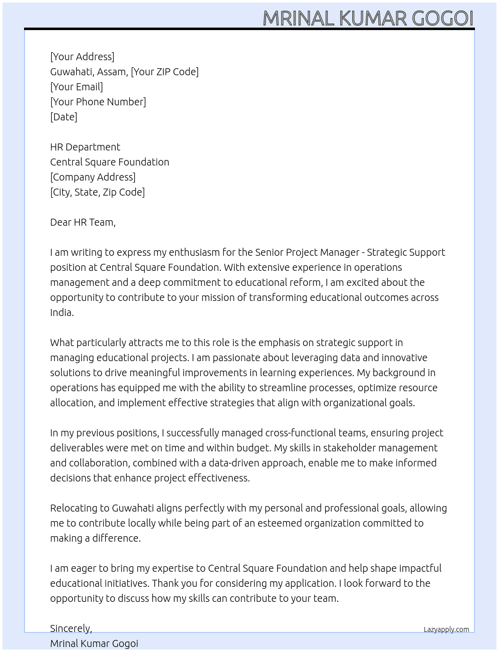 Cover letter for senior project manager strategic support - LazyApply