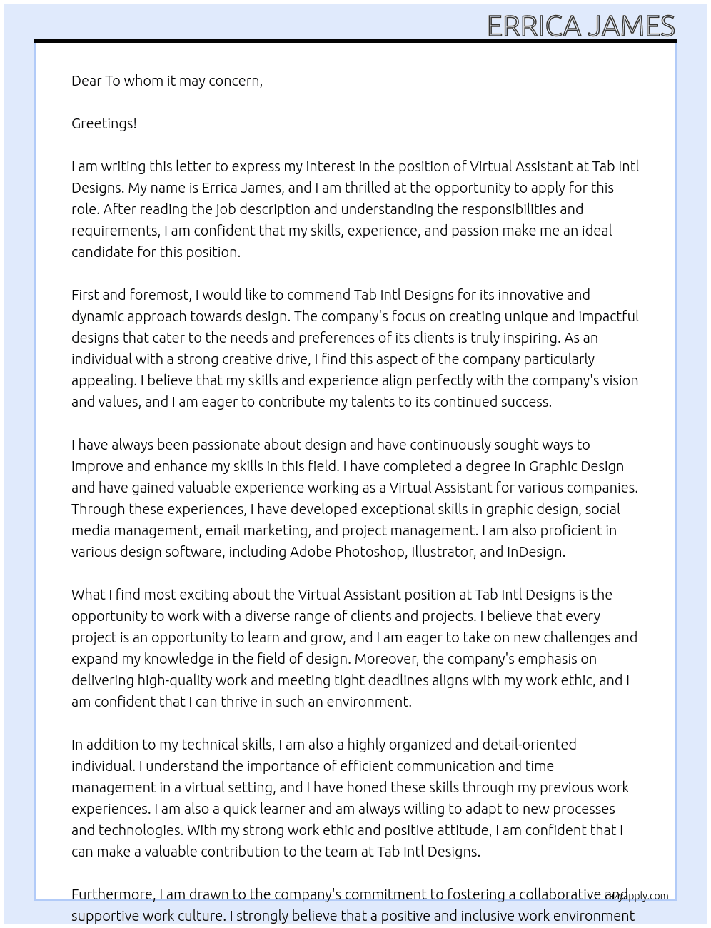 Virtual Assistant  At Tab Intl Designs Cover Letter