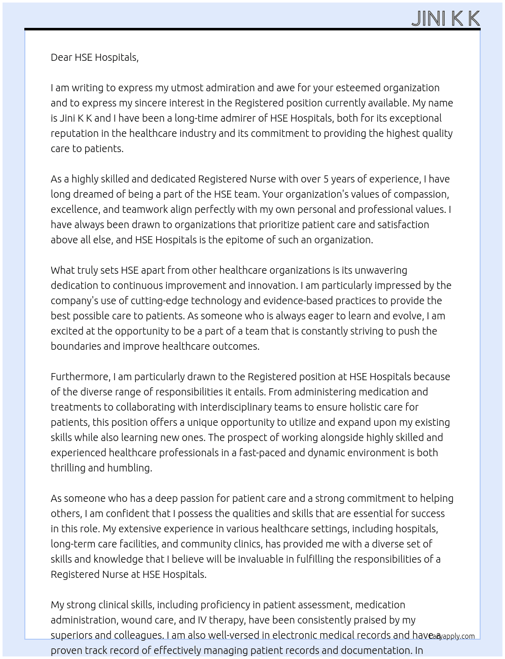 REGISTERED At HSE Cover Letter