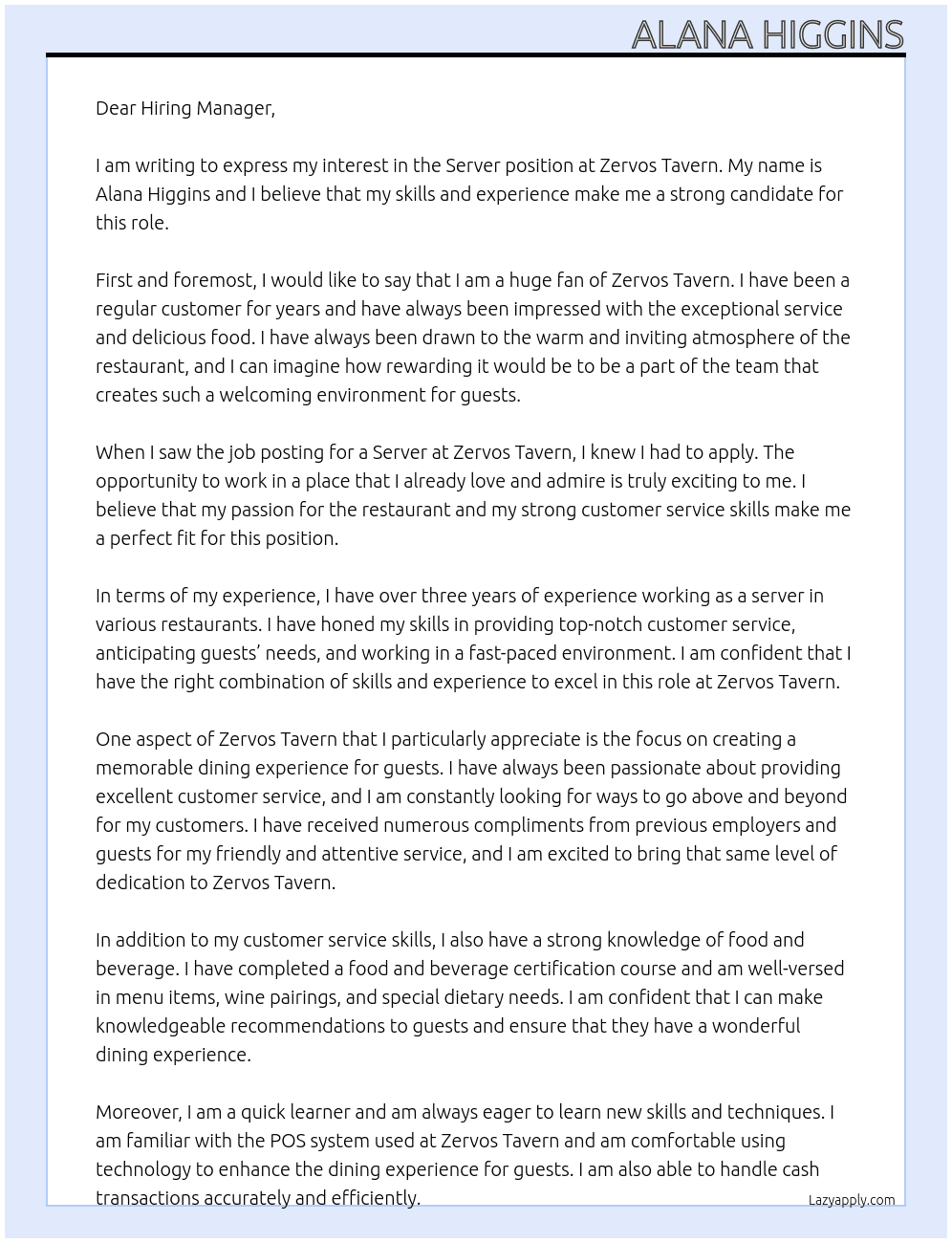 Server At Zervos Tavern Cover Letter
