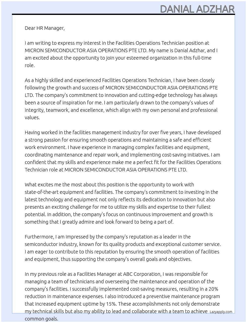 Facilities Operations Technician At MICRON SEMICONDUCTOR ASIA OPERATIONS PTE LTD Cover Letter