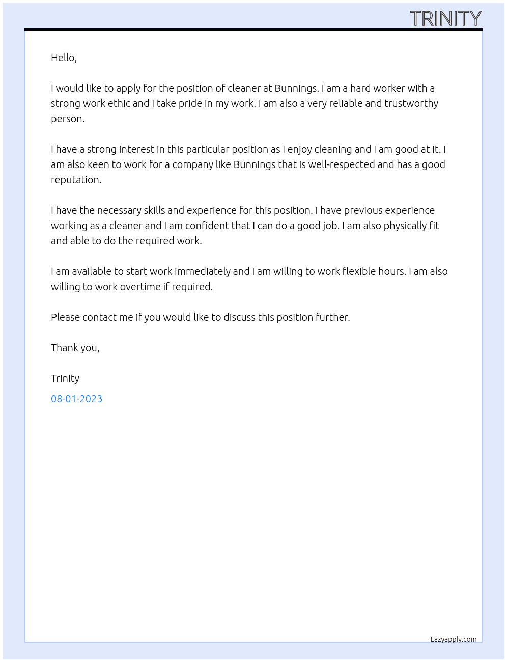 cleaner At bunnings Cover Letter