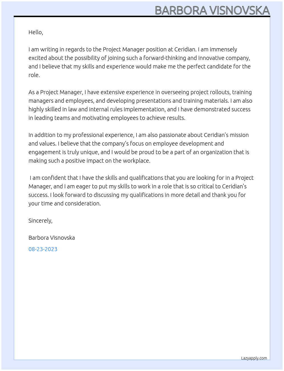 project manager At Ceridian Cover Letter