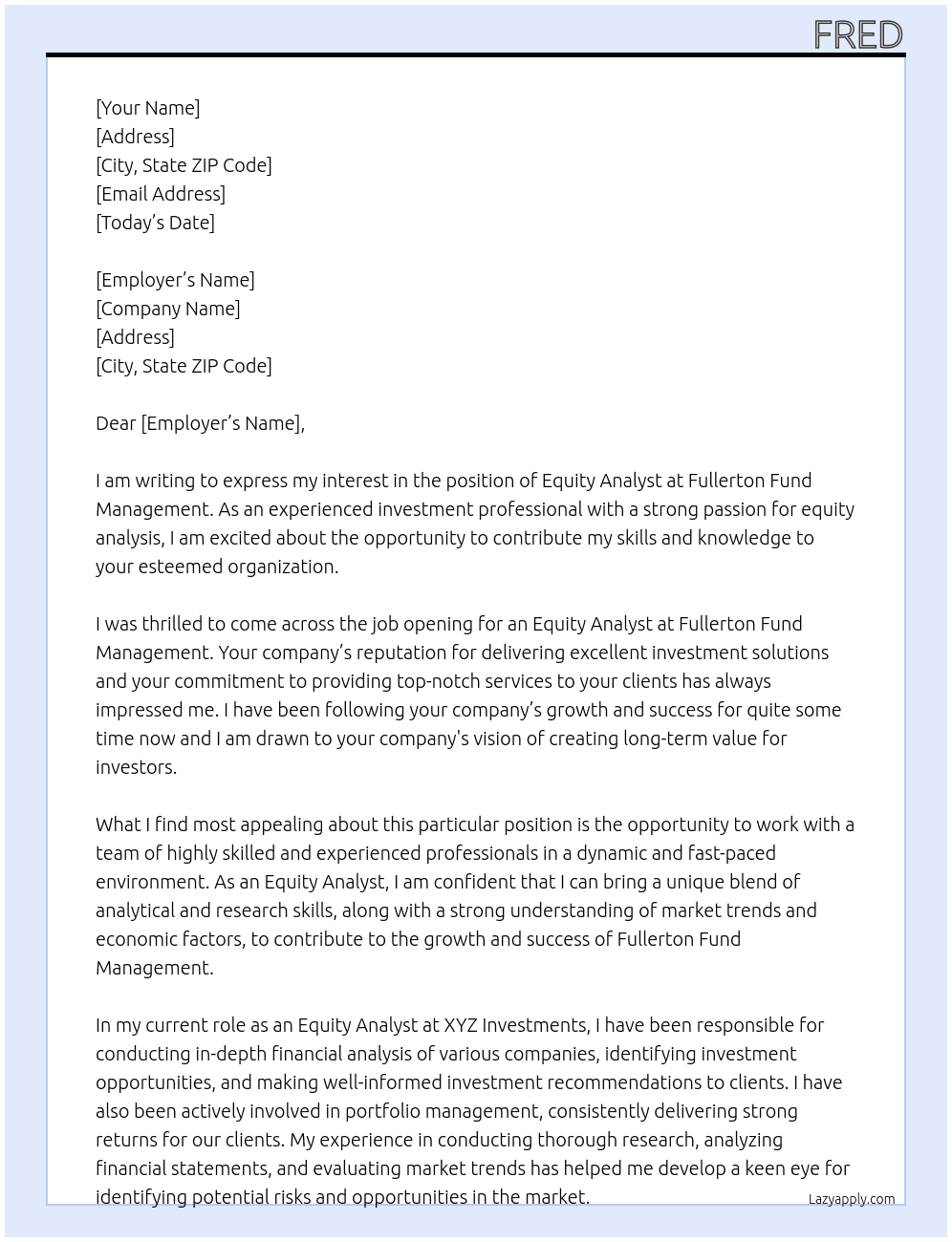  Equity analyst  At Fullerton fund management Cover Letter