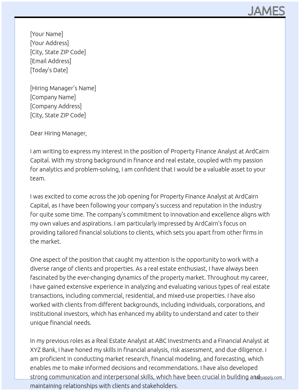 Property finance analyst At ArdCairn Capital Cover Letter