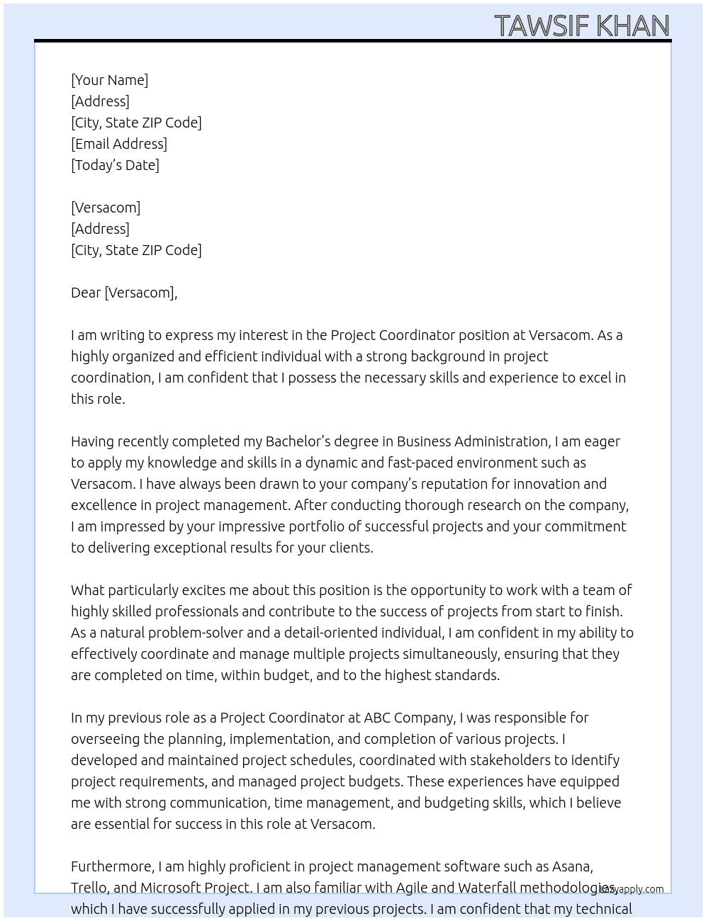 Project Coordinator At versacom Cover Letter