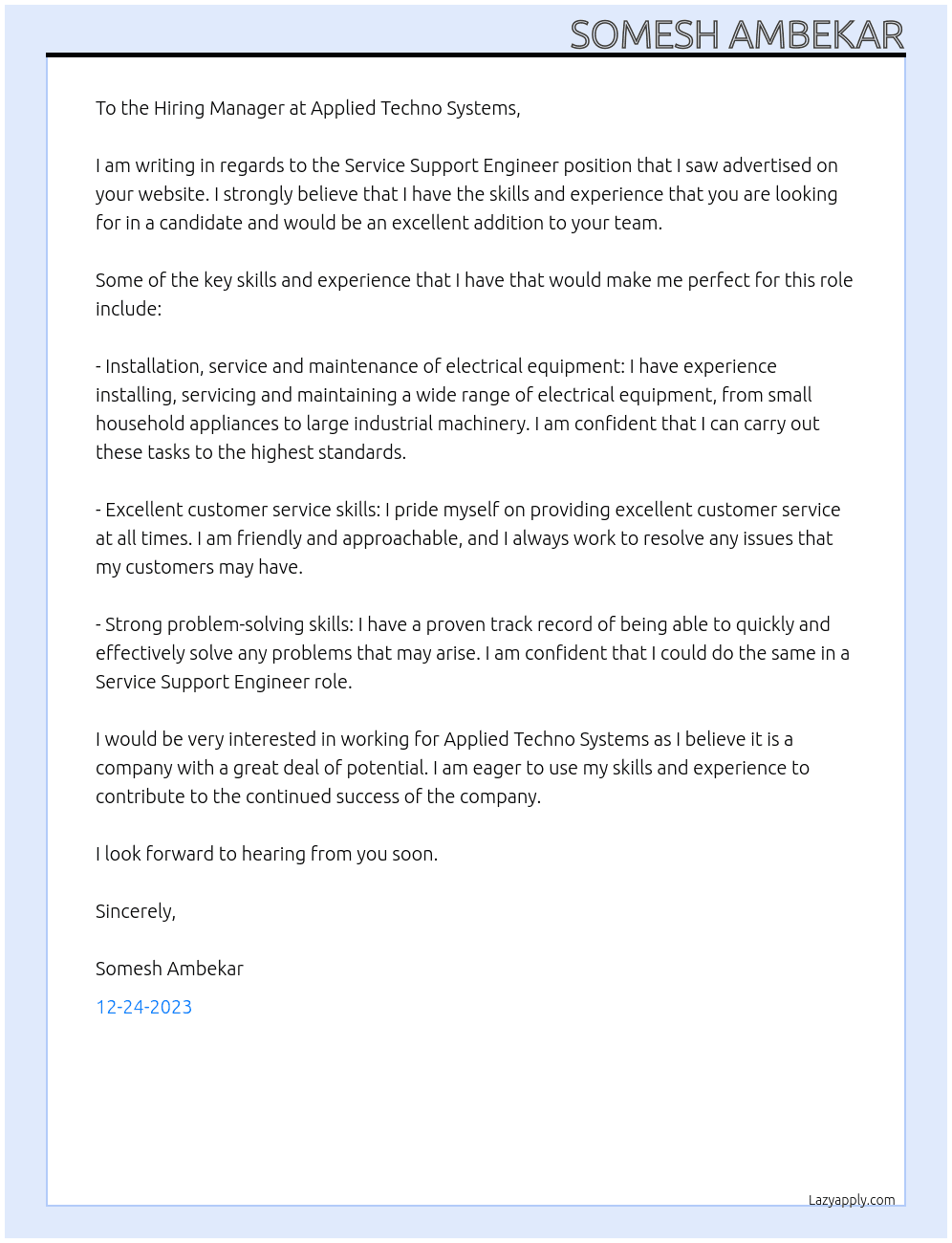 Service Support Engineer At Applied Techno Systems Cover Letter