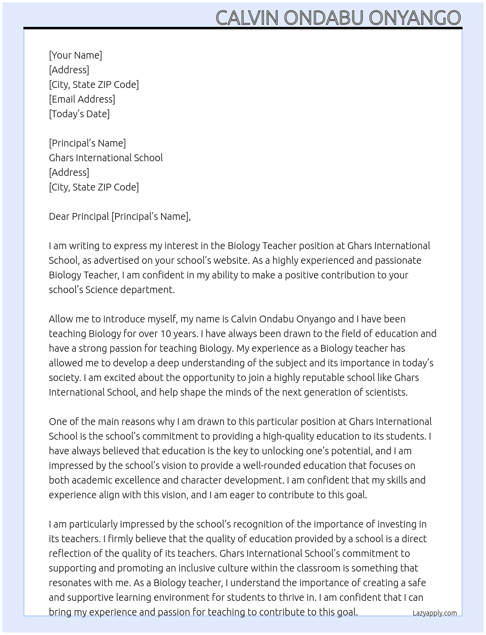 Biology teacher At Ghars International School Cover Letter