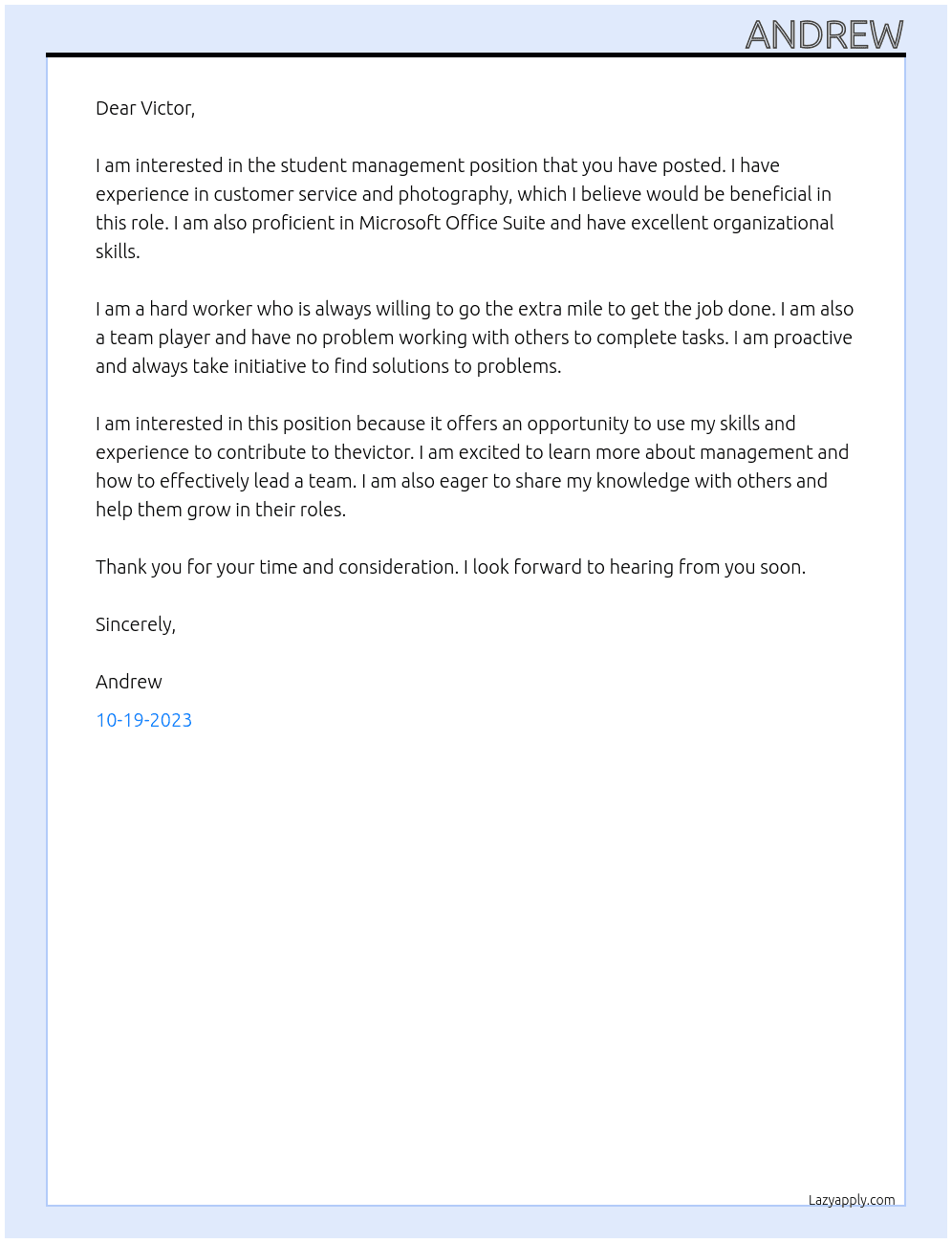 student At victor Cover Letter