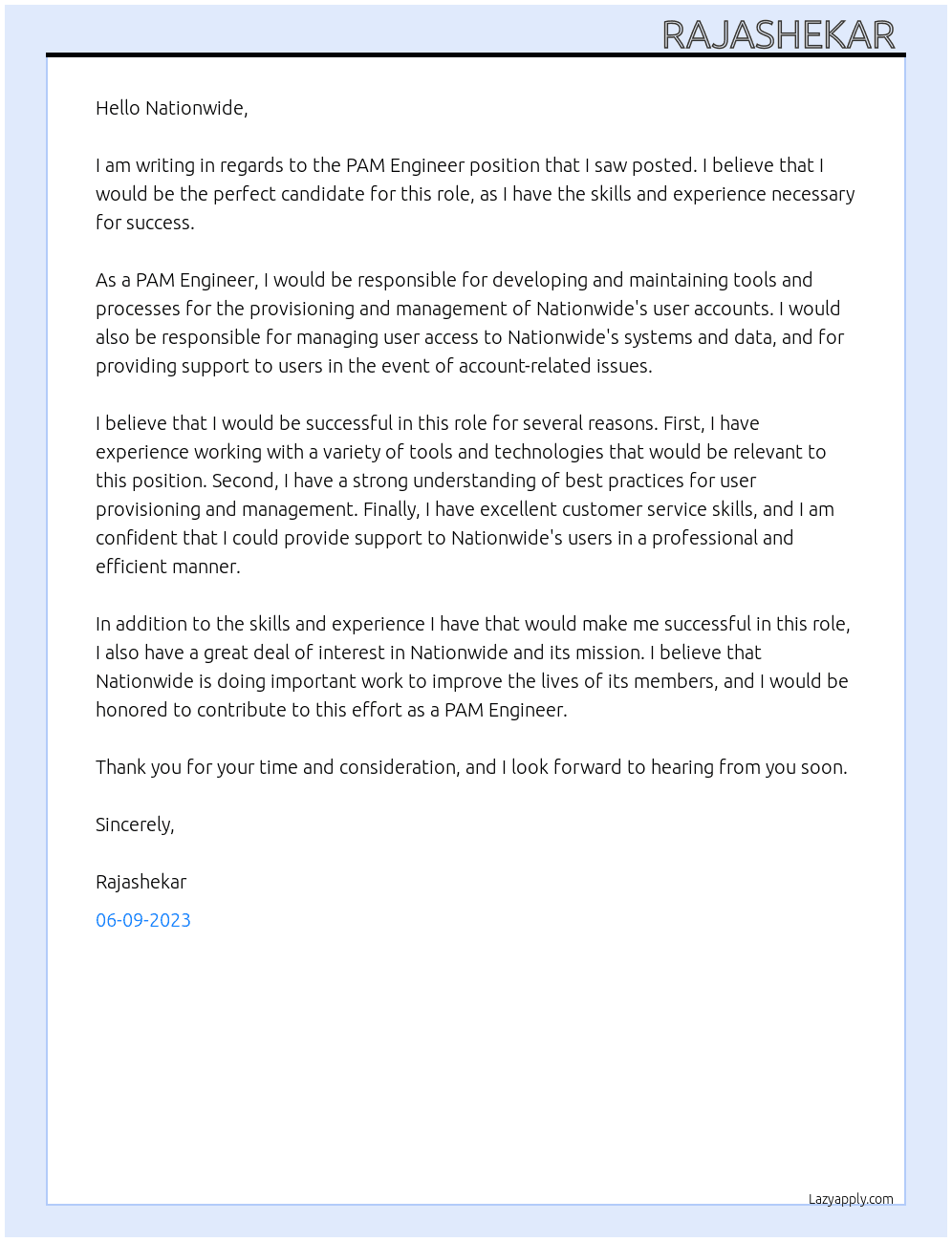 PAM Engineer At Nationwide Cover Letter