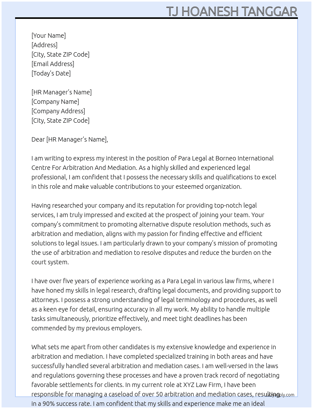 para legal At Borneo International Centre For Arbitration And Mediation Cover Letter