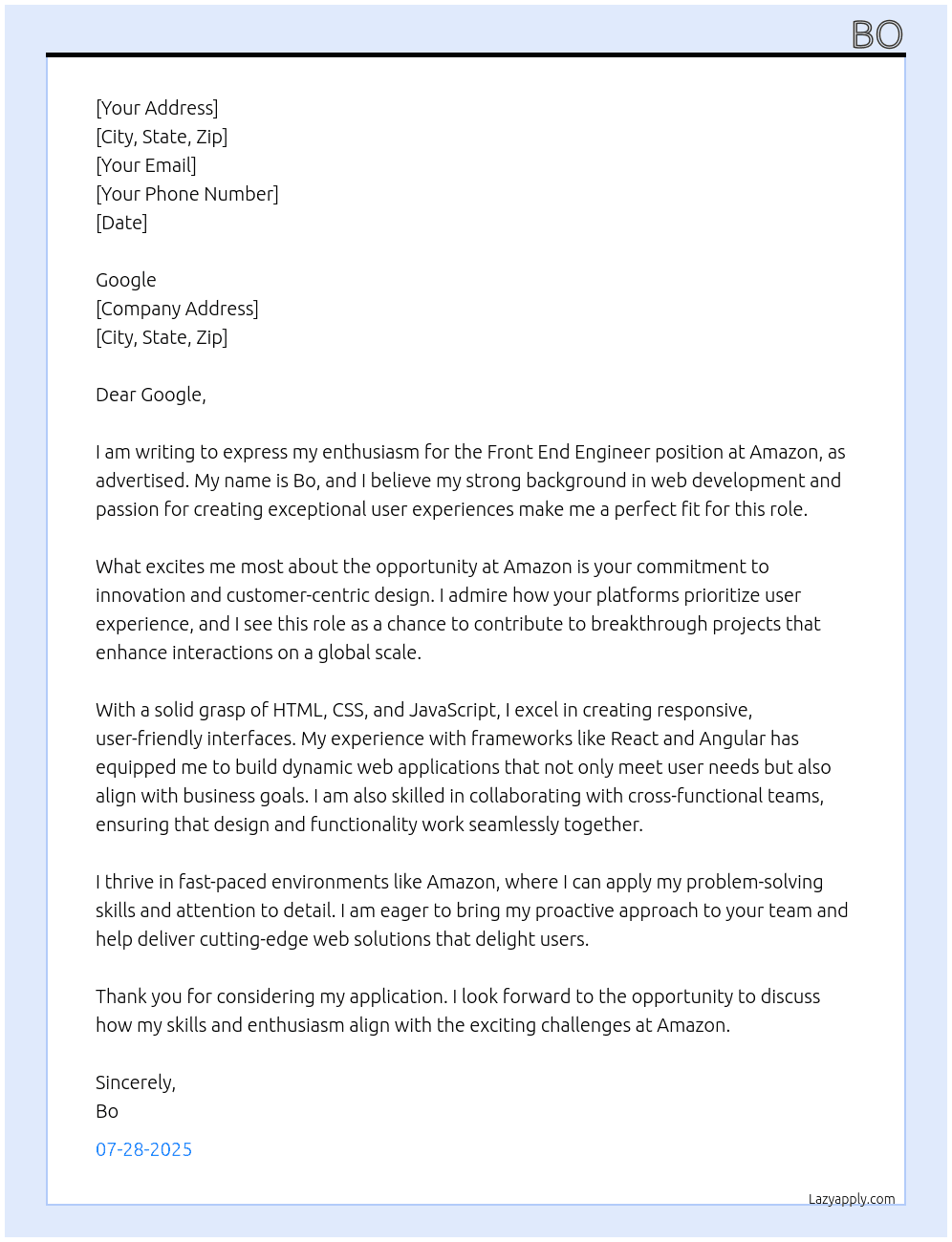 Cover letter for front end engineer - LazyApply