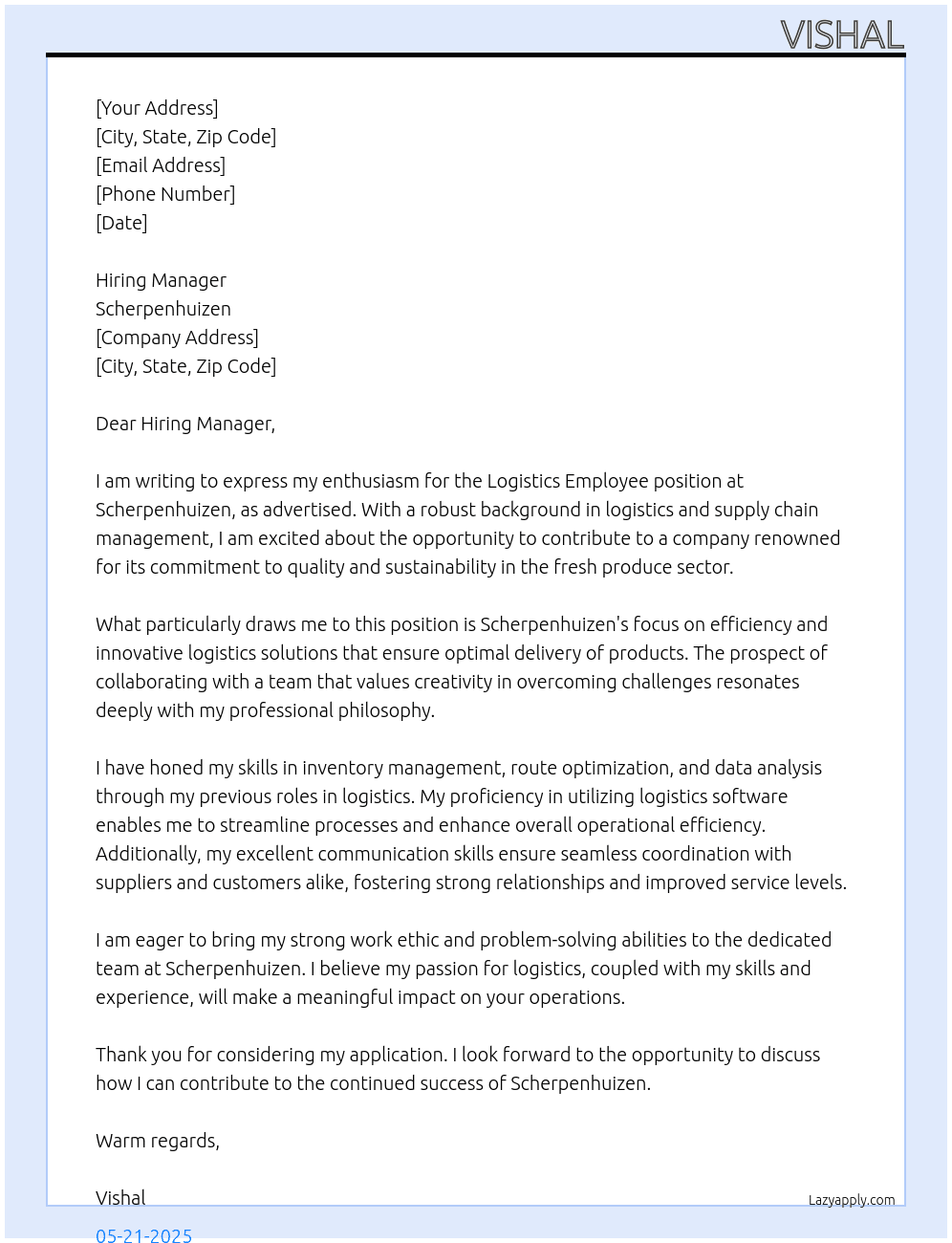 Logistics Employee At Scherpenhuizen Cover Letter