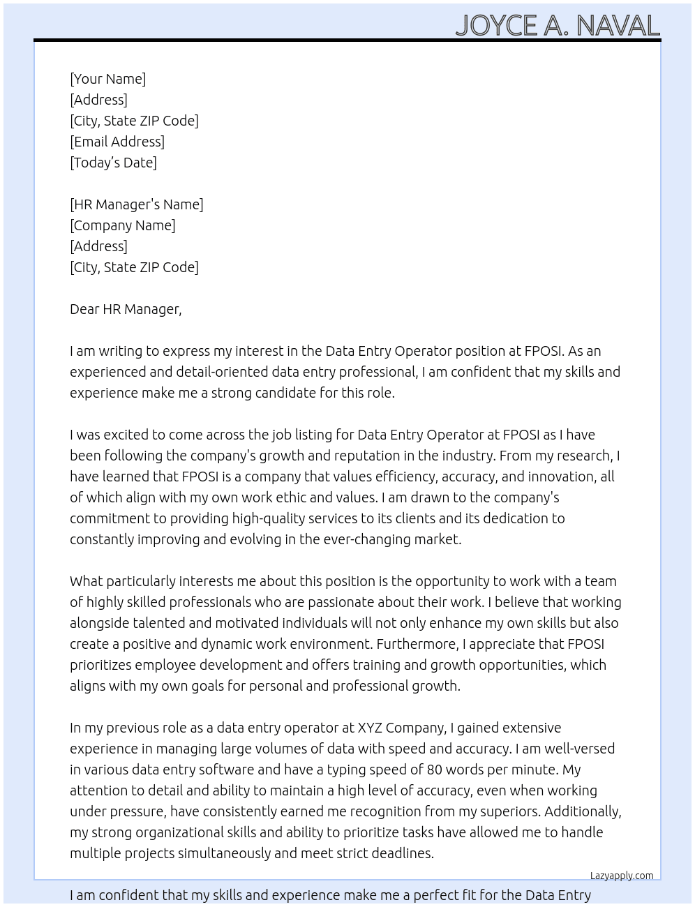DATA ENRY OPERATOR At FPOSI Cover Letter