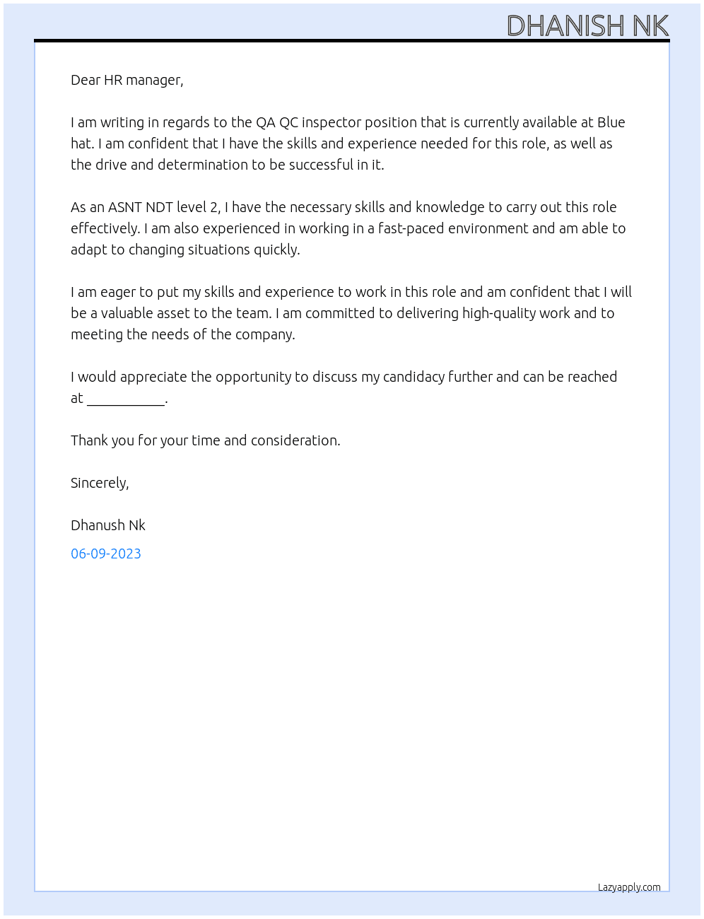 QA QC inspector  At Blue hat Cover Letter