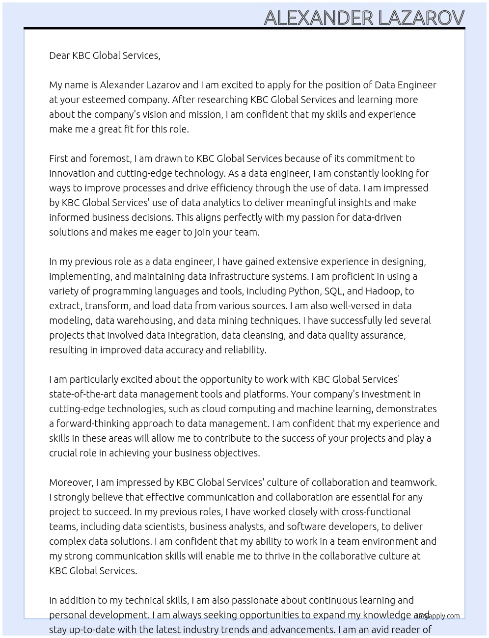 data engineer  At KBC Global Services Cover Letter
