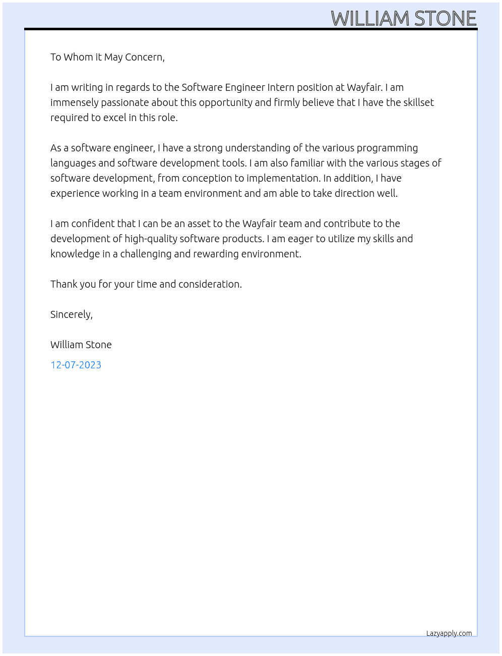 Software Engineer Intern At Wayfair Cover Letter