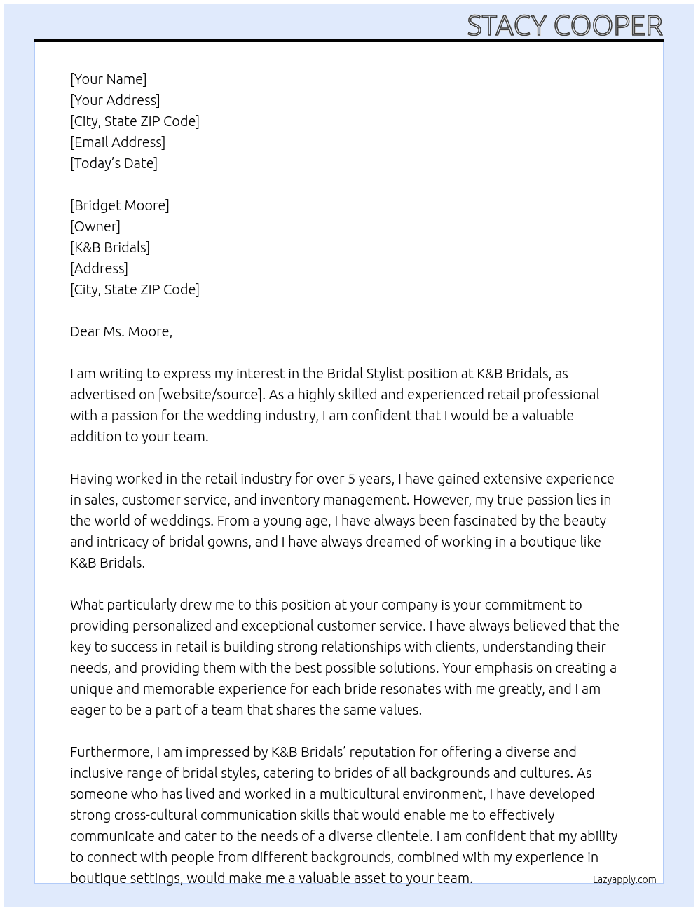 Bridal Stylist At K&B Bridals  Cover Letter