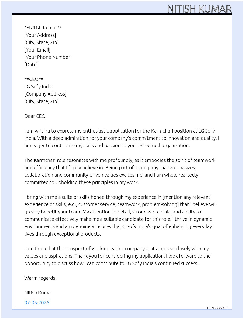 Karmchari At Lg sofy india Cover Letter