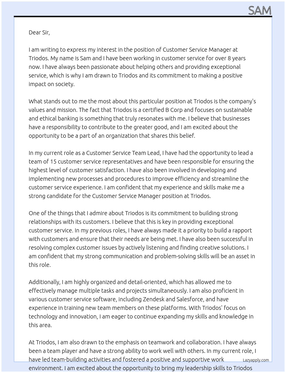 Customer Service Manager At Triodos Cover Letter