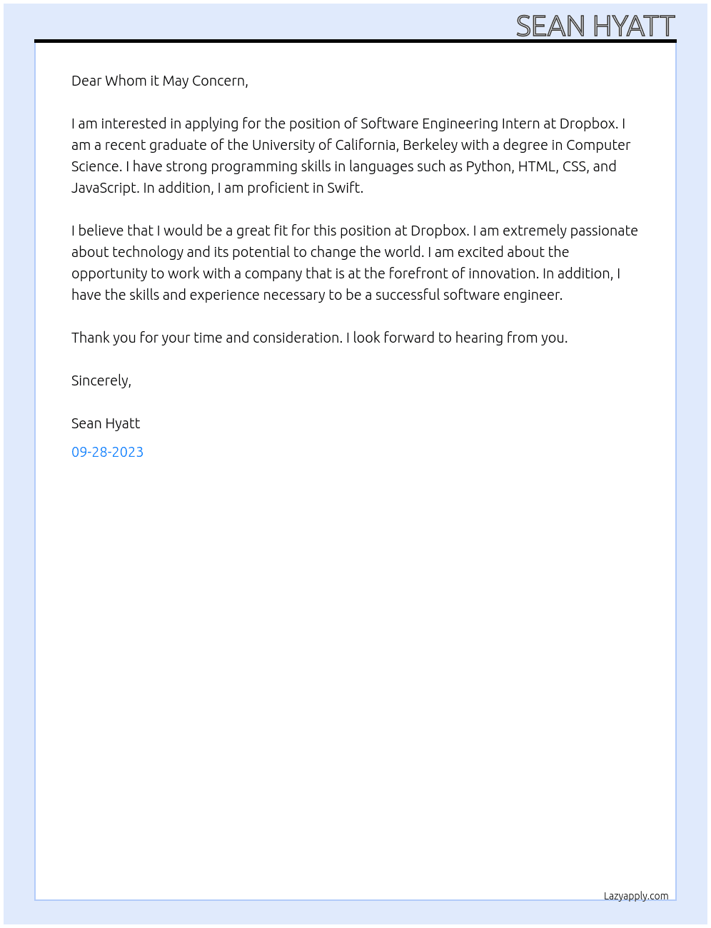 Software Engineering Intern At Dropbox  Cover Letter