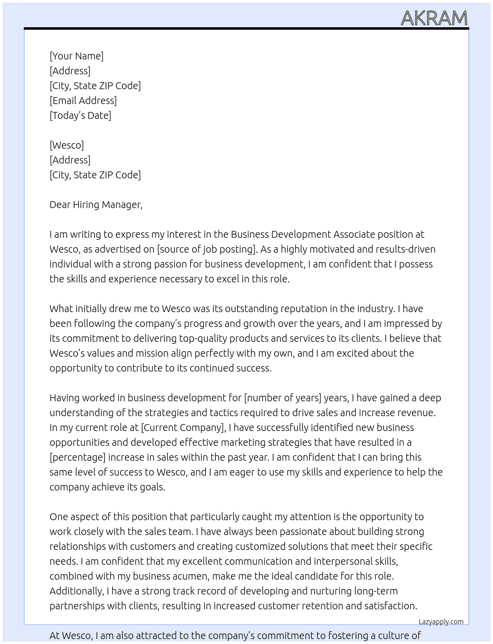 Business Development Associate At Wesco Cover Letter