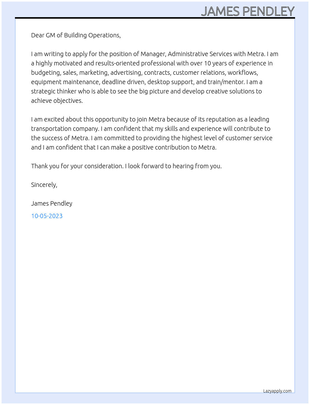 manager, Administrative Services At Metra Cover Letter