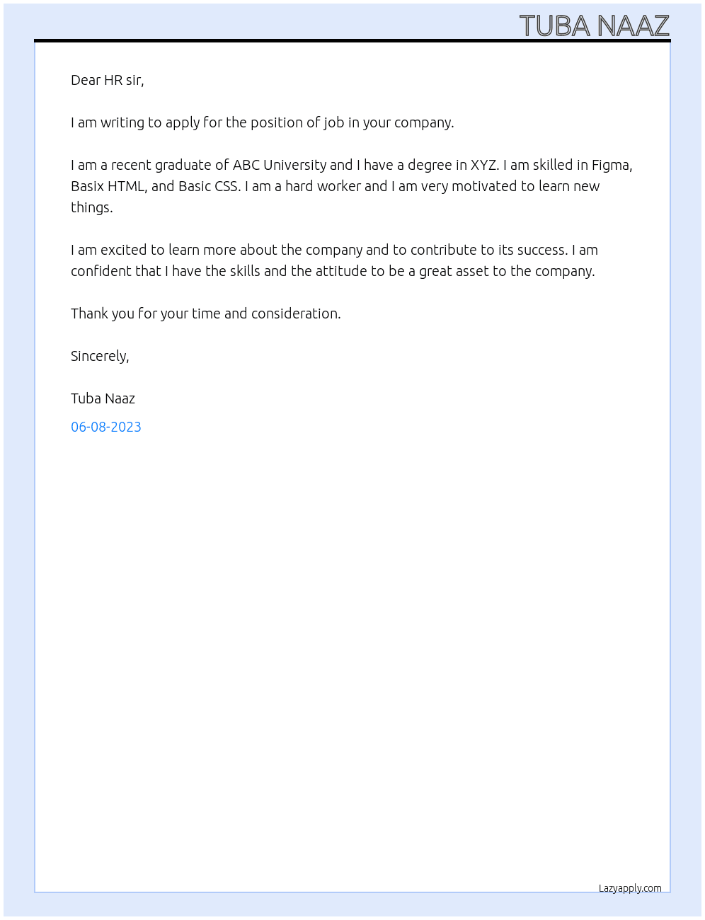 job At company name Cover Letter