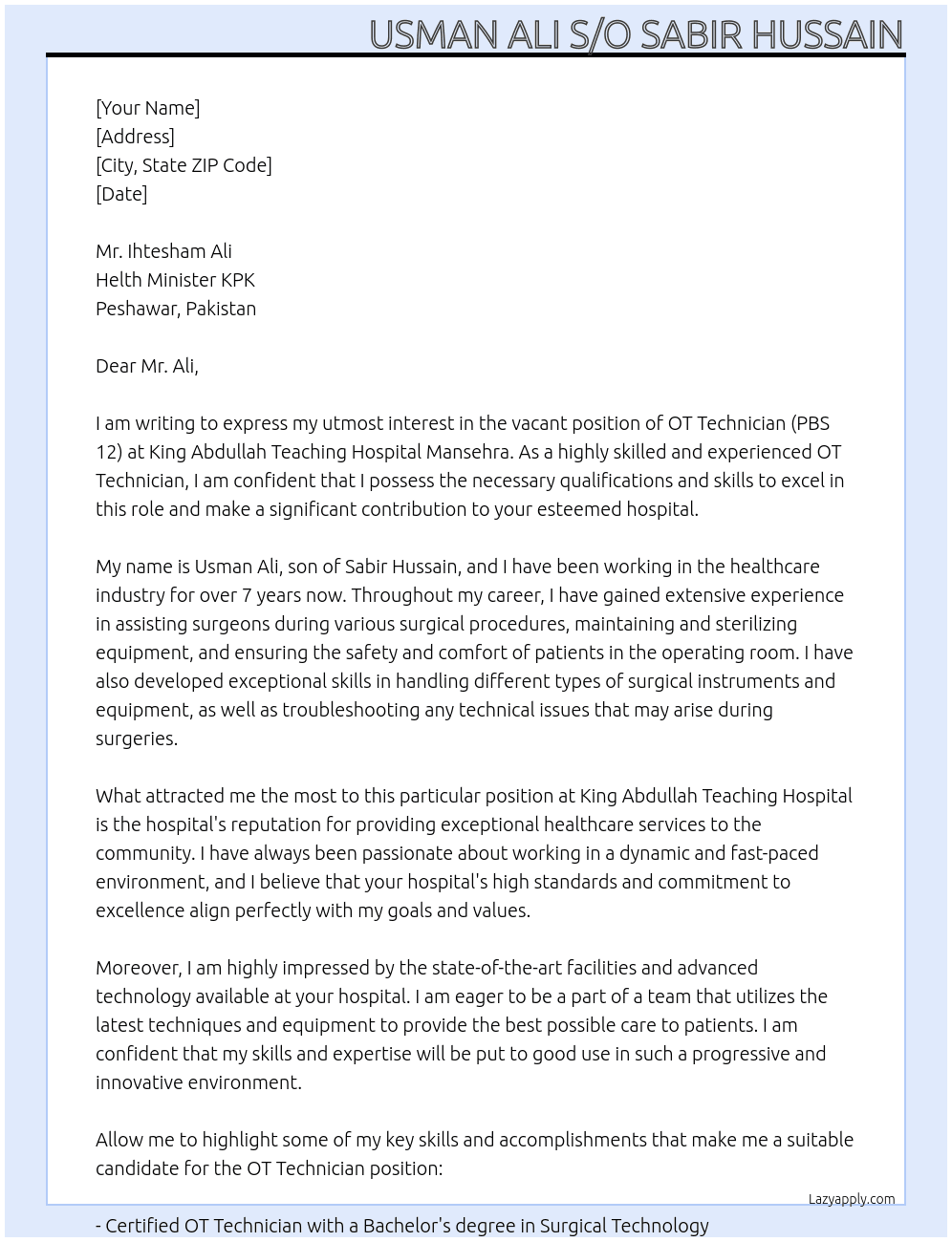 OT Technician (PBS 12) At King Abdullah teching Hospital mansehra any other Relevent Hospital  Cover Letter