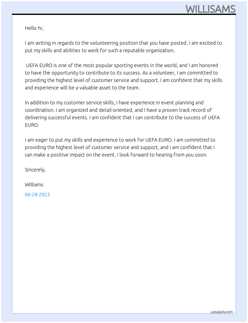 volunteering  expectations  At uefa euro Cover Letter