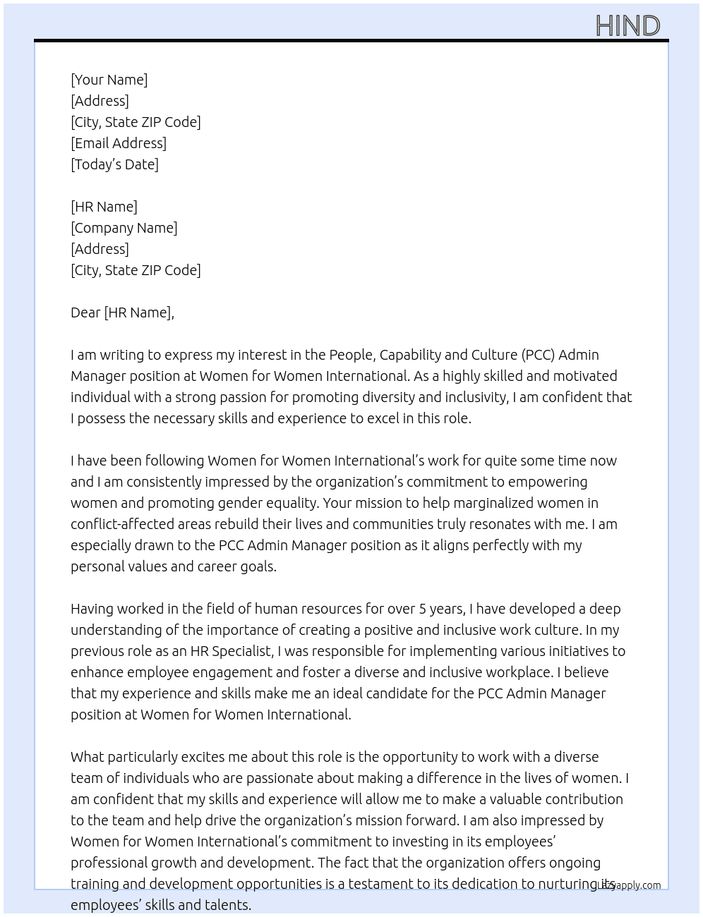 People , Capability and Culture ( PCC) Admin Manager At Women for Women International Cover Letter