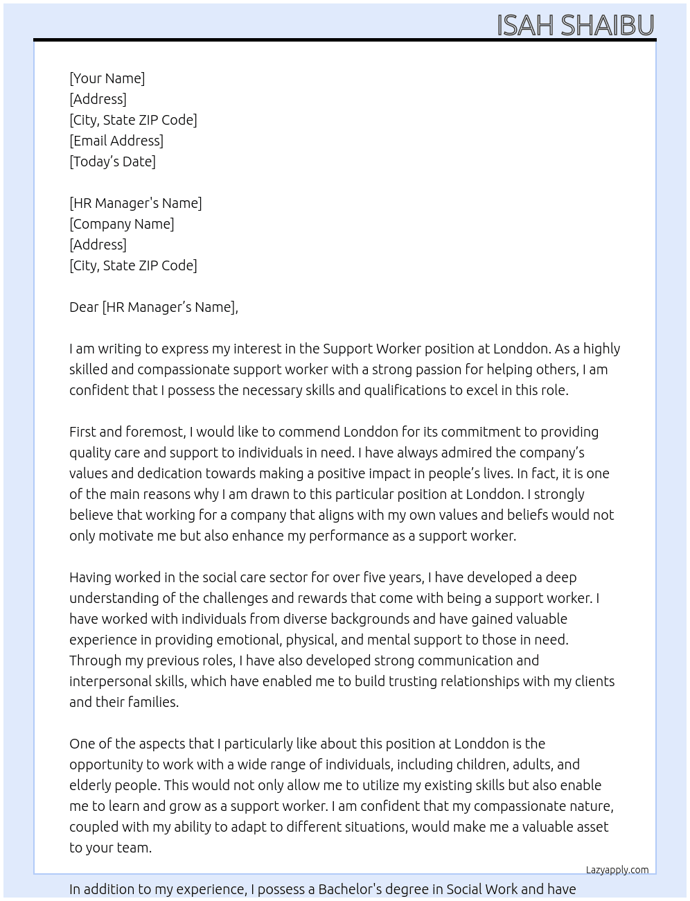 support worker At Londdon Cover Letter