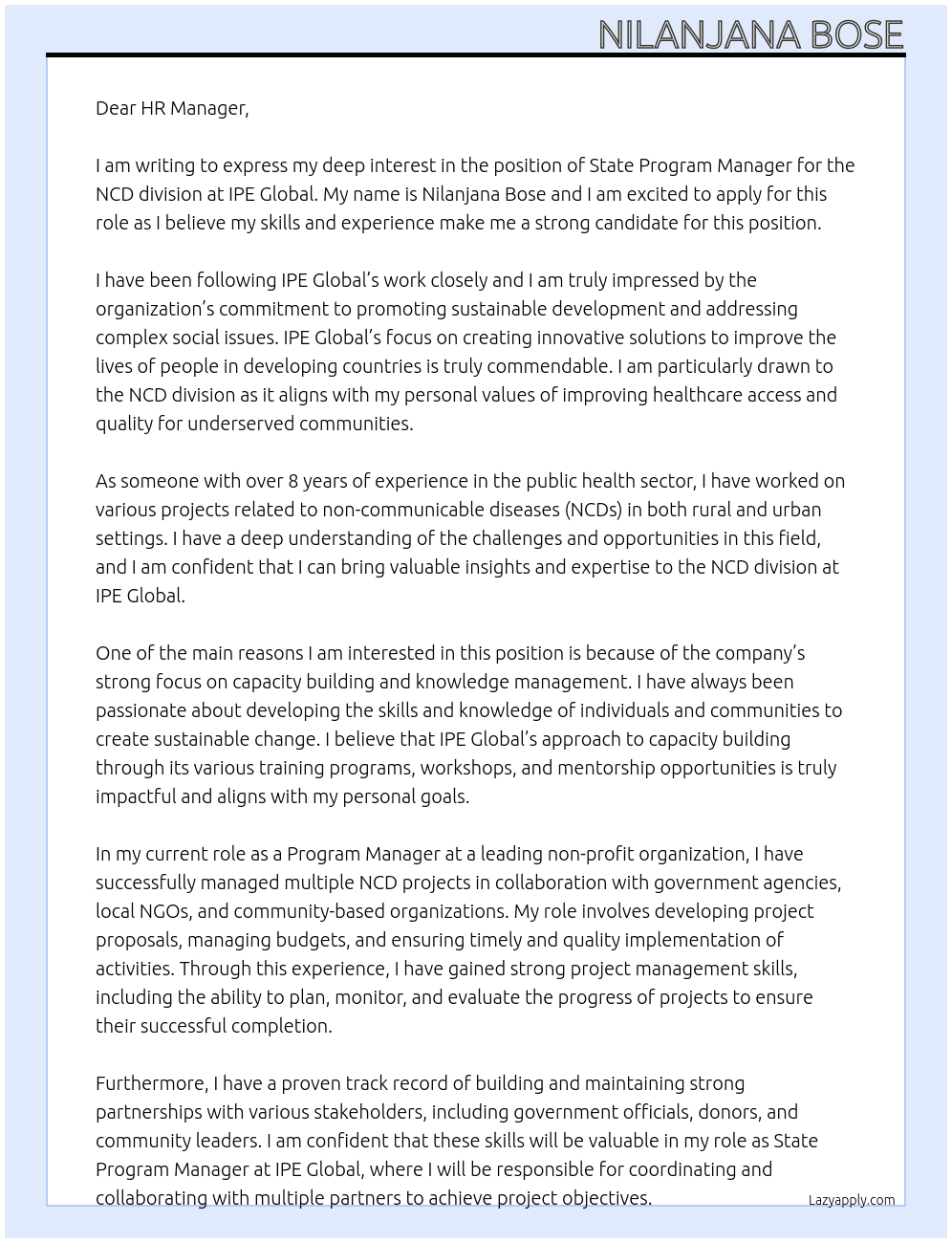 State Program Manager NCD division At IPE Global Cover Letter