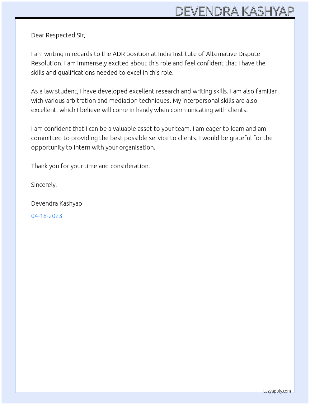 ADR  At India Institute of Alternative Dispute Resolution  Cover Letter