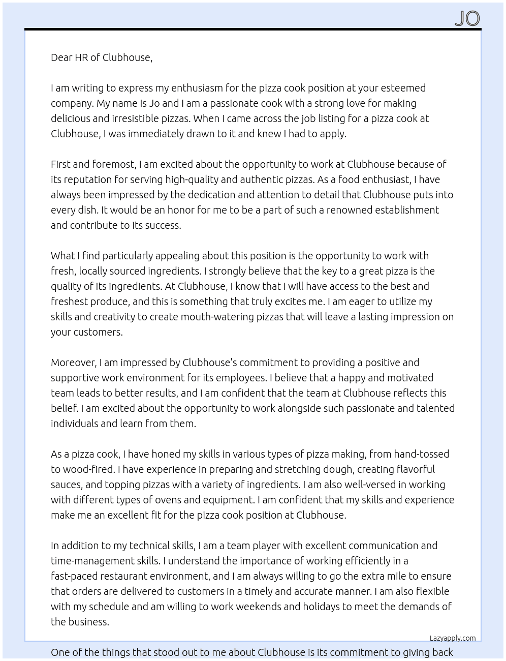 pizza cook At clubhouse Cover Letter