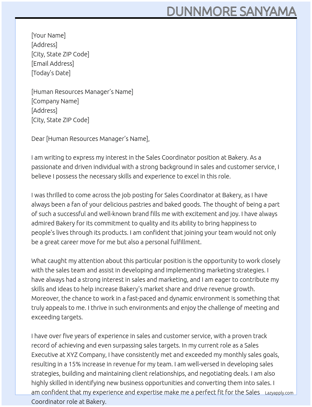 Sales Coordinator At Bakery Cover Letter