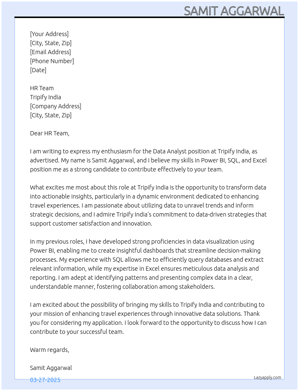 Data Analyst At Tripify India Cover Letter