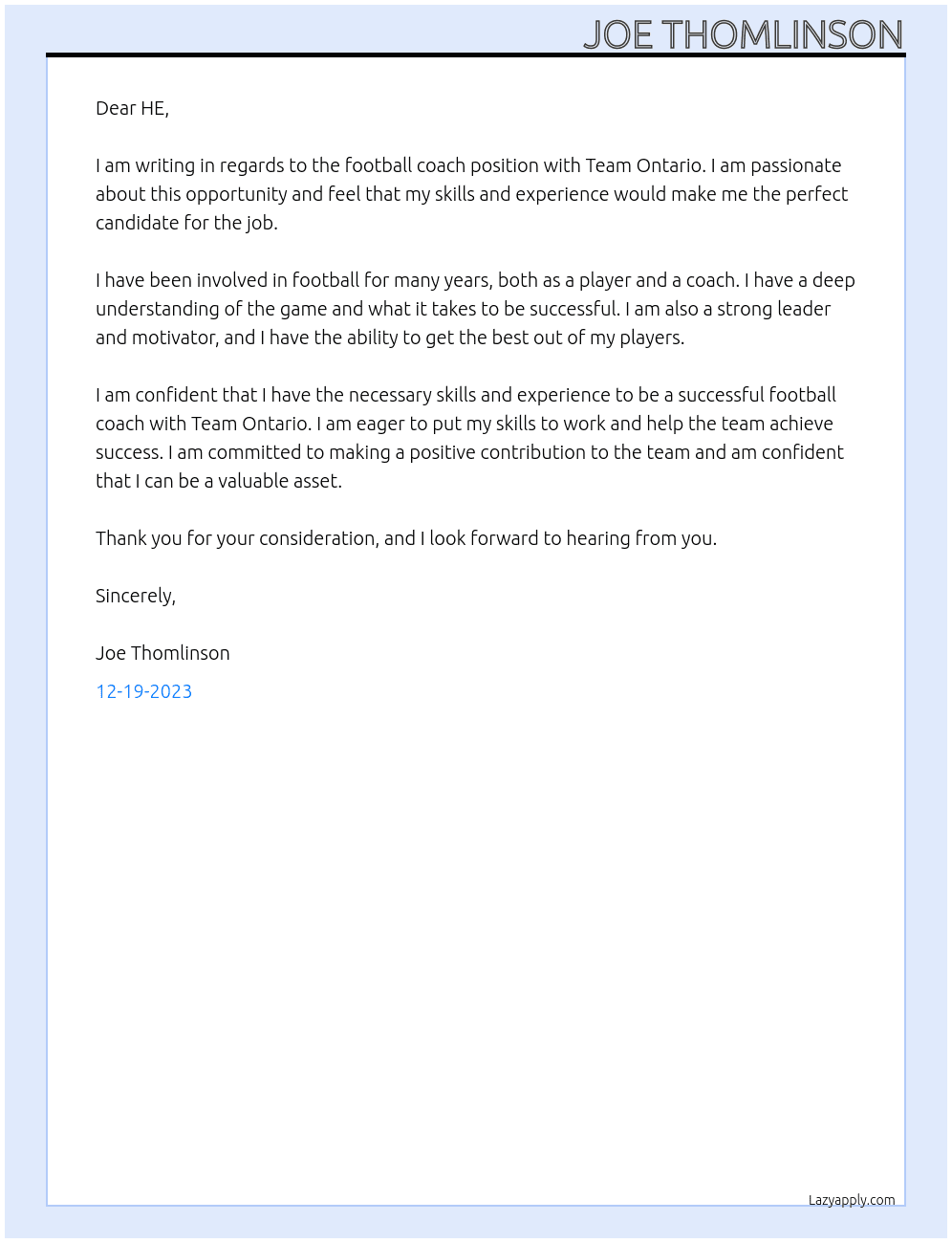 Football coach At Team Ontario  Cover Letter