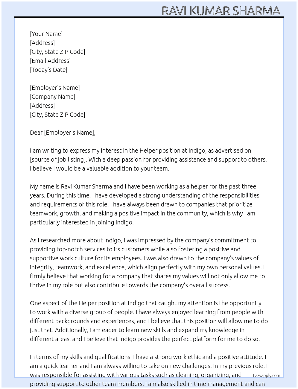 Helper  At Indigo  Cover Letter