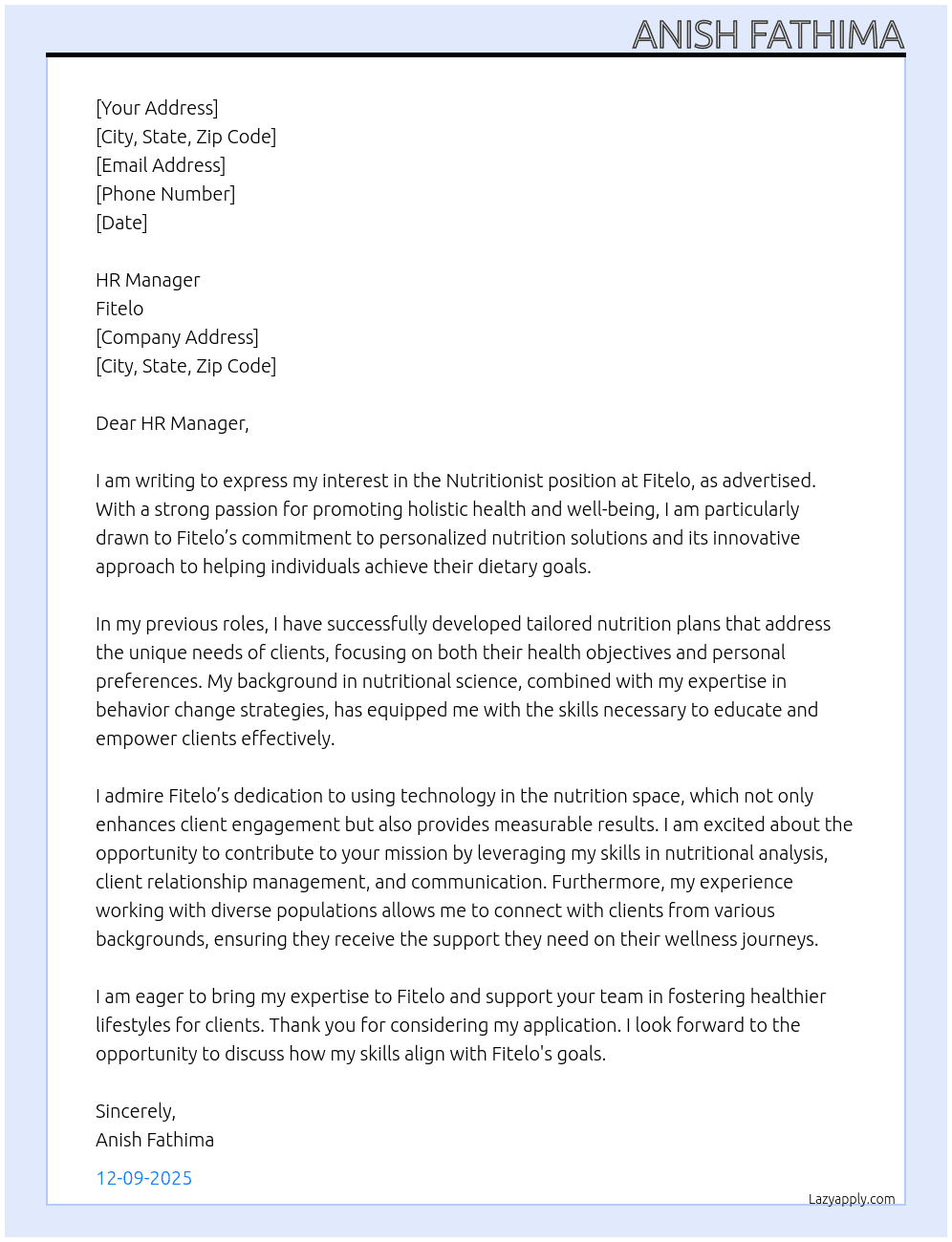 Nutritionist At Fitelo Cover Letter