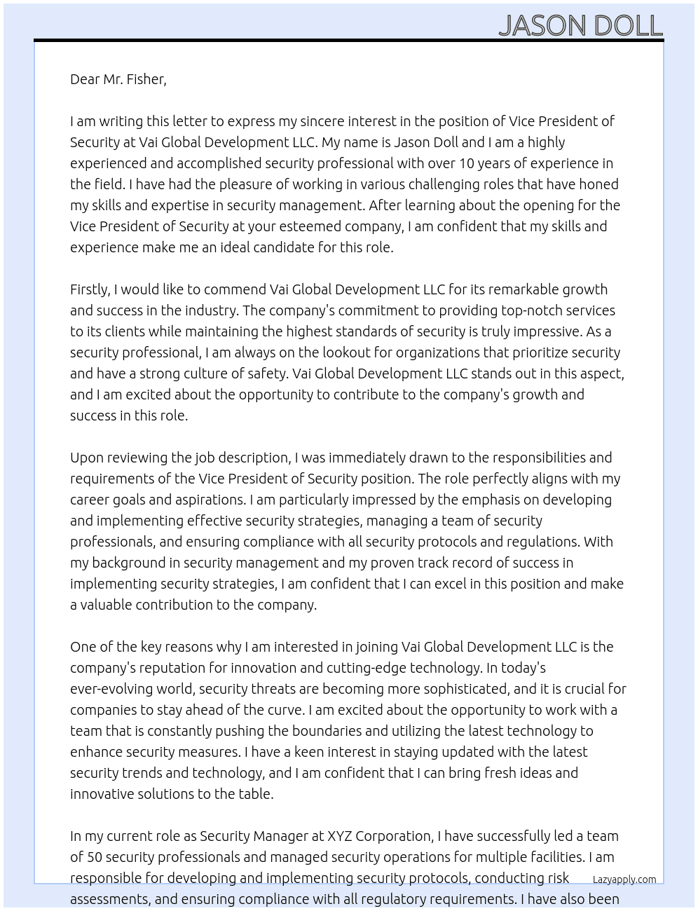 Vice President of Security At Vai Global Development LLC  Cover Letter