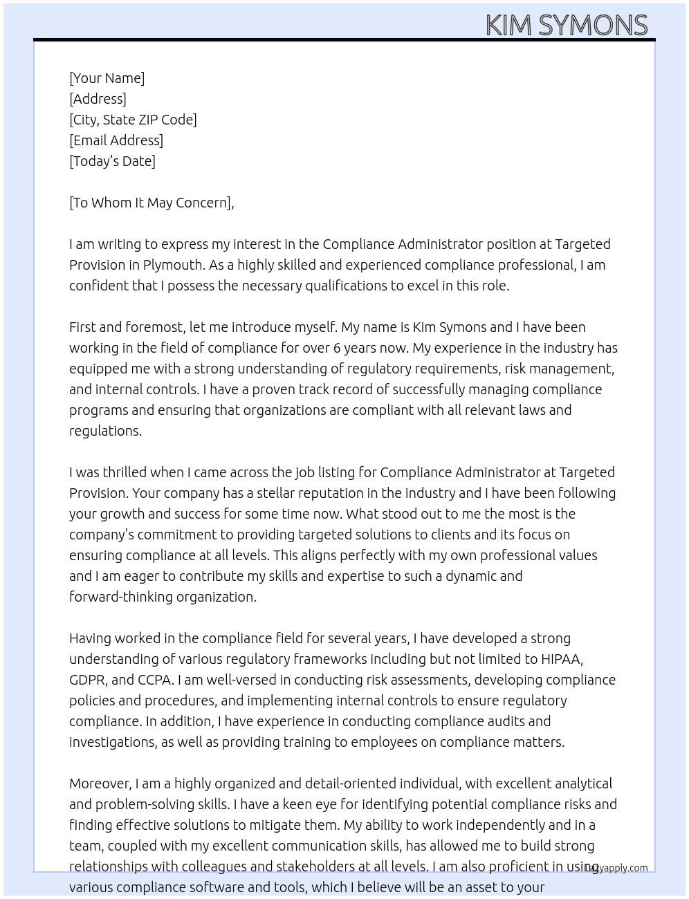 Compliance Administrator  At Targeted Provision  Cover Letter