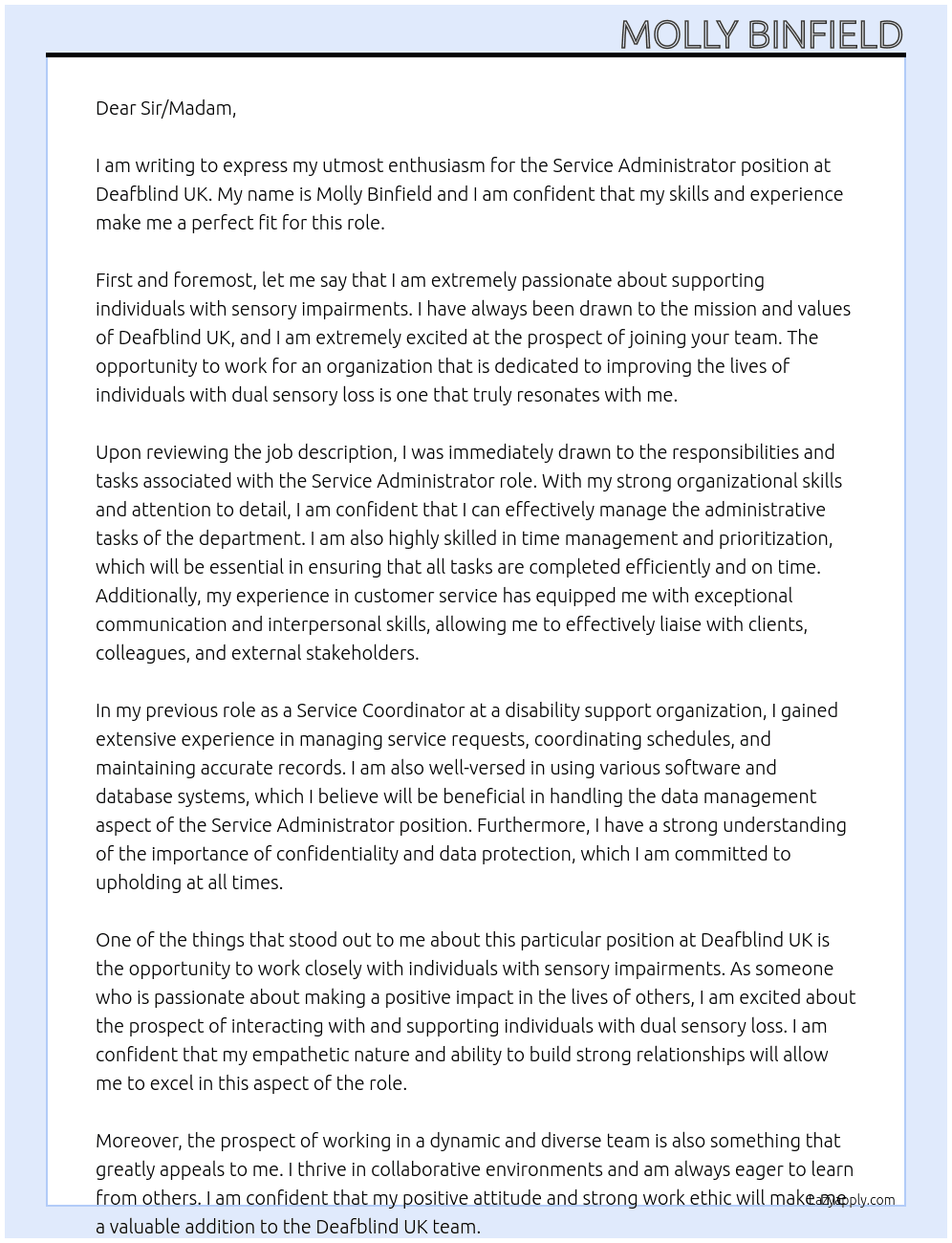 Service Administrator  At Deafblind uk Cover Letter