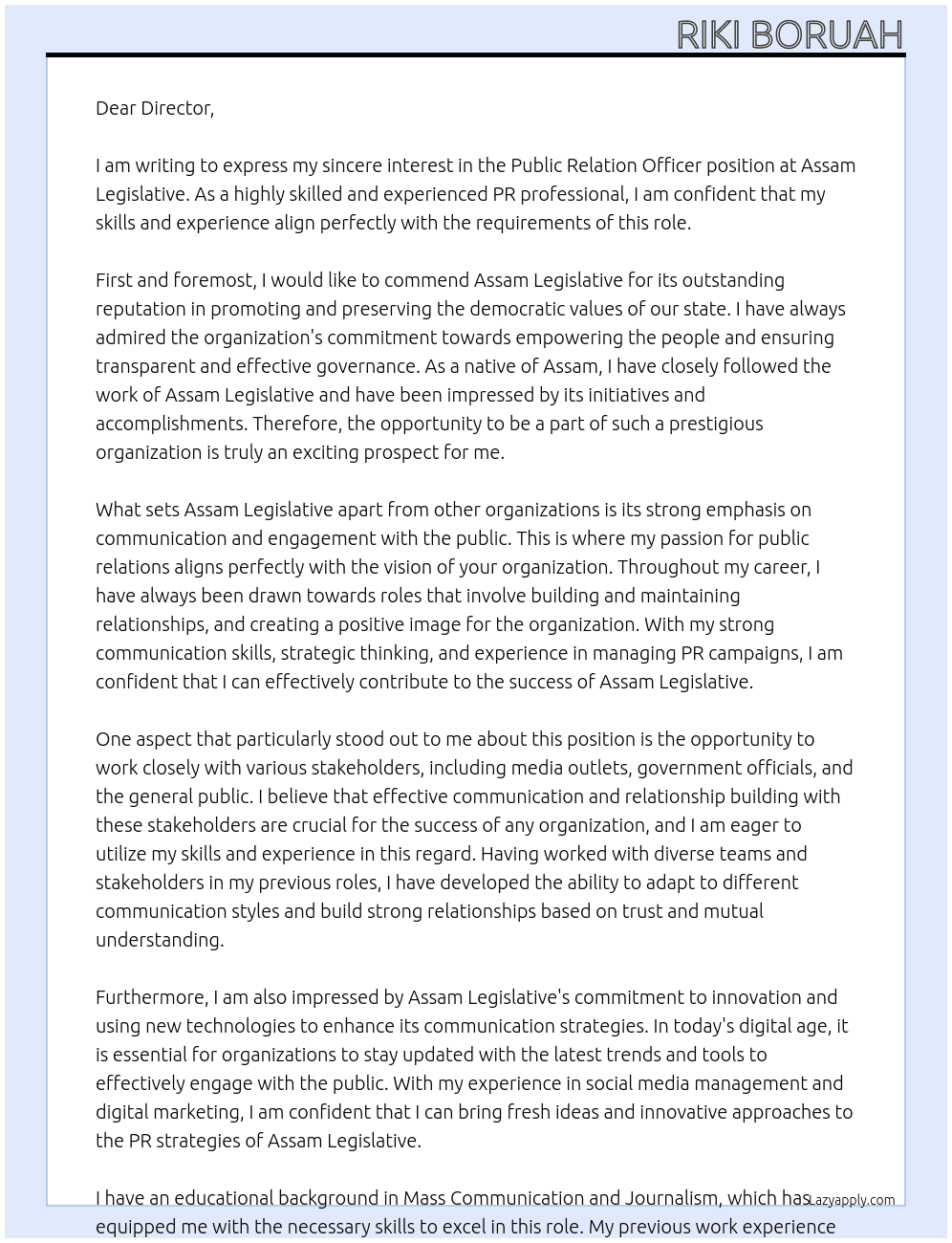Public relation officer At Assam legislative Cover Letter